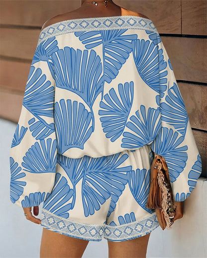 Women's Tropical Leaf Print 2 Piece Set Skew Neck Lantern Sleeve Top and Elastic Waist Shorts with Pockets & Lace
