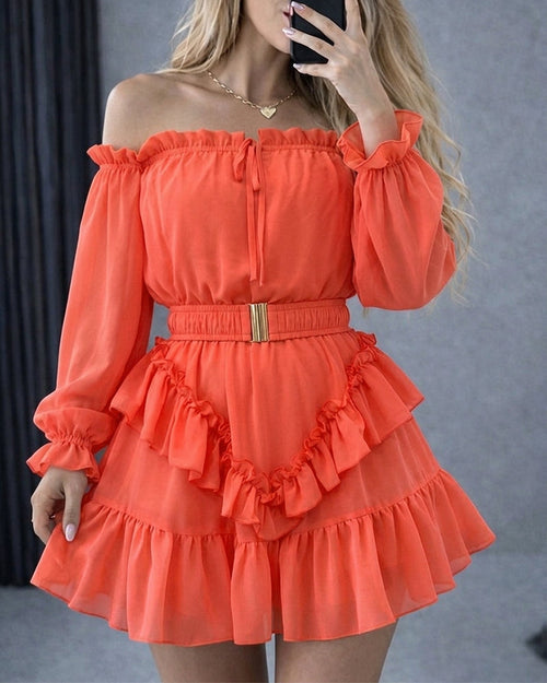 Women's Off Shoulder Frill Trim Mini A Line Dress Flowy Chiffon Ruffle Hem Party Dress with Belt & Built-In Shorts