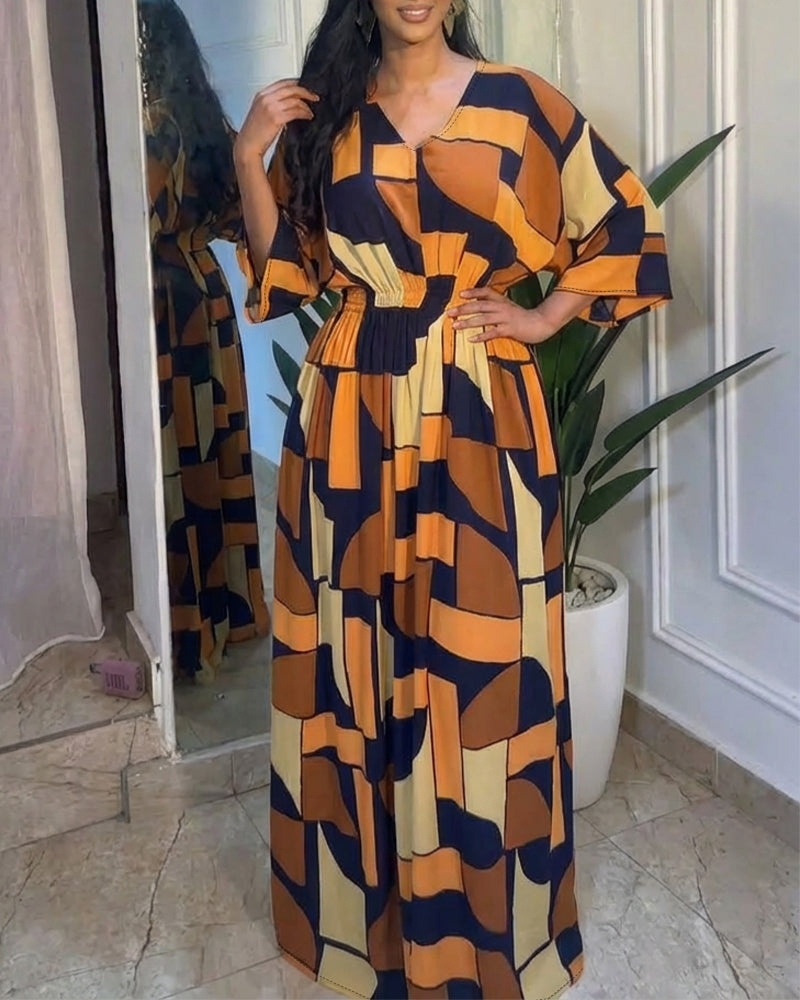 Colorblock Geometric Print V-Neck Batwing Sleeve Ruched Waist Overalls Casual Cinched Waist Wide Leg Jumpsuit