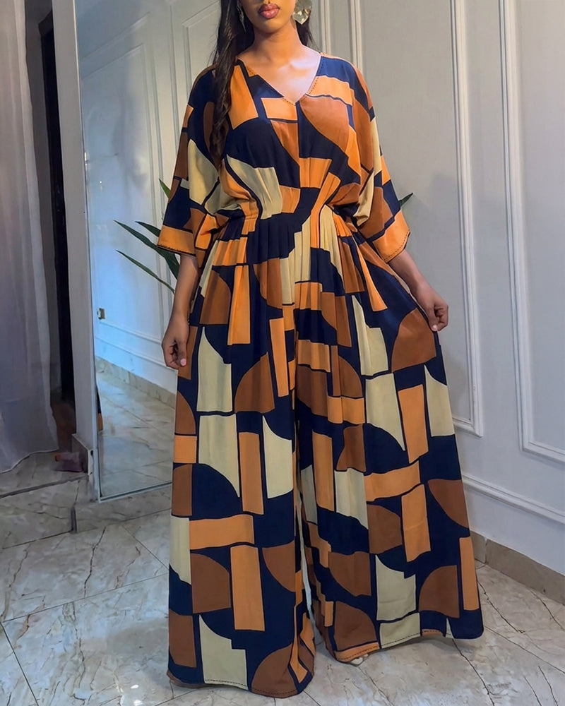 Colorblock Geometric Print V-Neck Batwing Sleeve Ruched Waist Overalls Casual Cinched Waist Wide Leg Jumpsuit