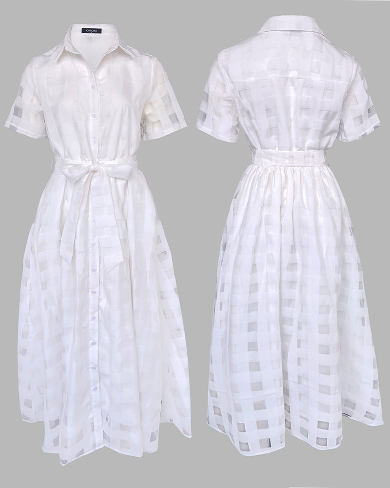 Turn-down Collar Plaid Mesh Double-Layered Cinched Waist Maxi Dress Button Down Bow Tie Waist Commuting Dress