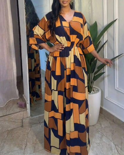 Colorblock Geometric Print V-Neck Batwing Sleeve Ruched Waist Overalls Casual Cinched Waist Wide Leg Jumpsuit