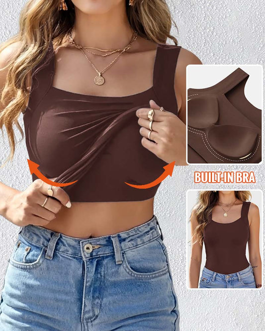 U-Neck Sleeveless Tank Seamless Skinny Layering Top with Built-In Bra
