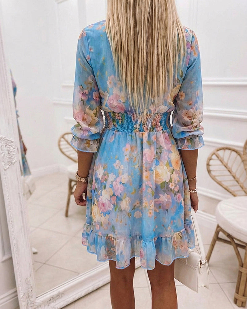 CHICME Women's Watercolor Floral Chiffon Dress Overlap V-Neck Shirred High Waist Vacation Dress A-Line Ruffle Hem Dress
