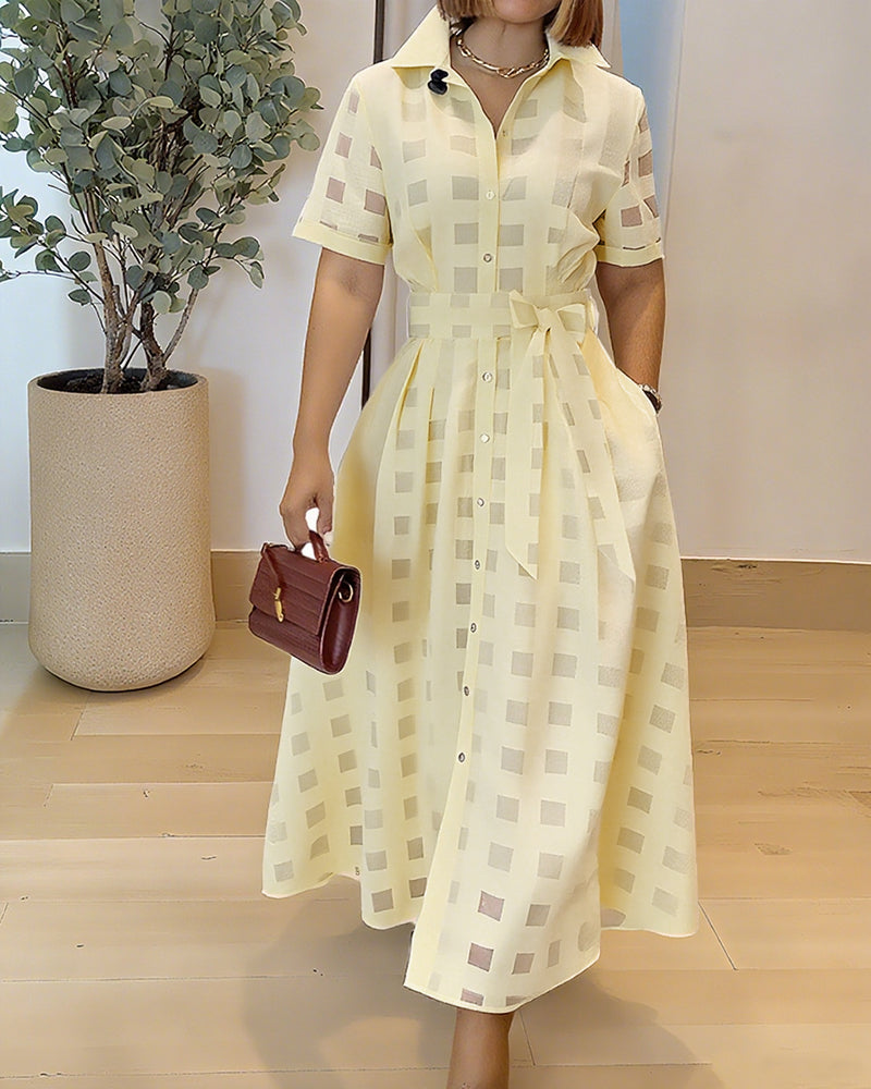 Turn-down Collar Plaid Mesh Double-Layered Cinched Waist Maxi Dress Button Down Bow Tie Waist Commuting Dress