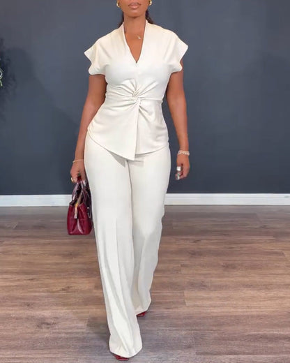 2 Pieces Outfit V-Neck Short Sleeve Twist Front Zipper Back Top and Straight Leg Pants Set Casual Commuting Set