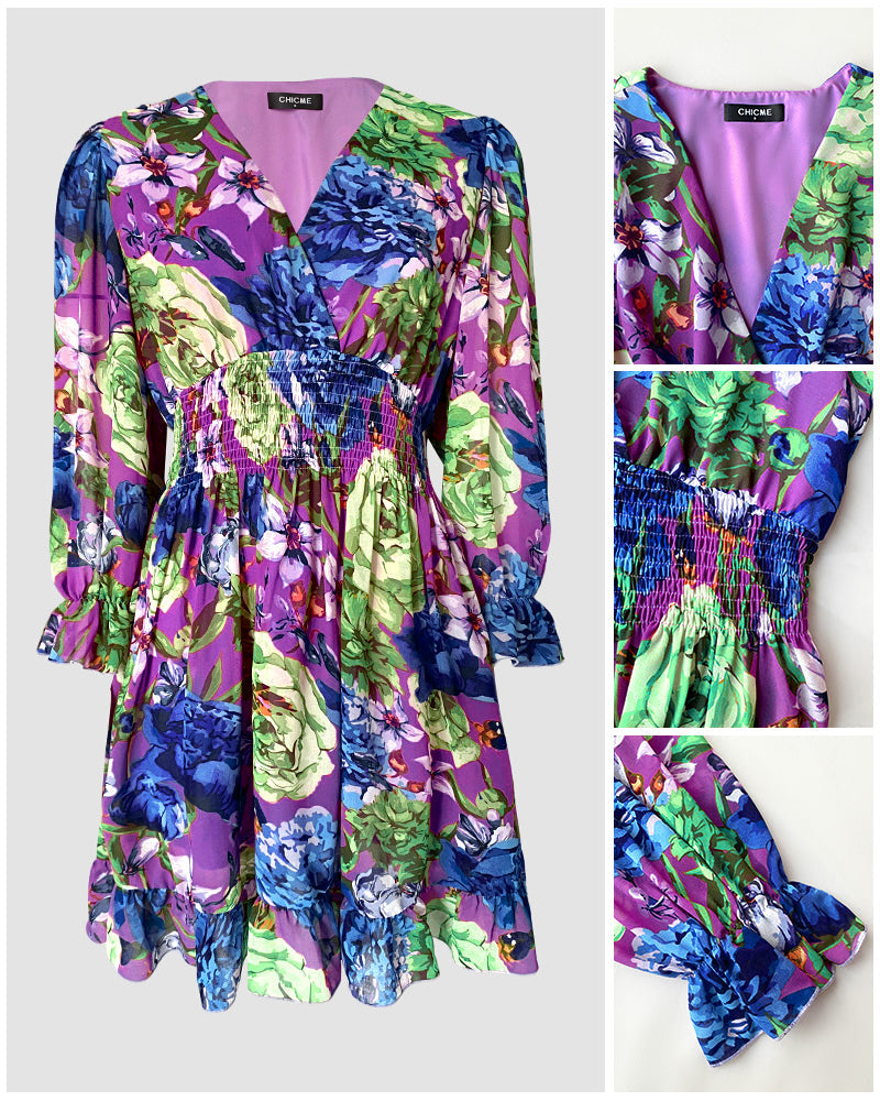 Floral Print Overlap V Neck Long Sleeve Shirred Waist Ruffle Hem Dress Casual Cinched Waist Flared Cuffs Chiffon Vacation Dress with Lining