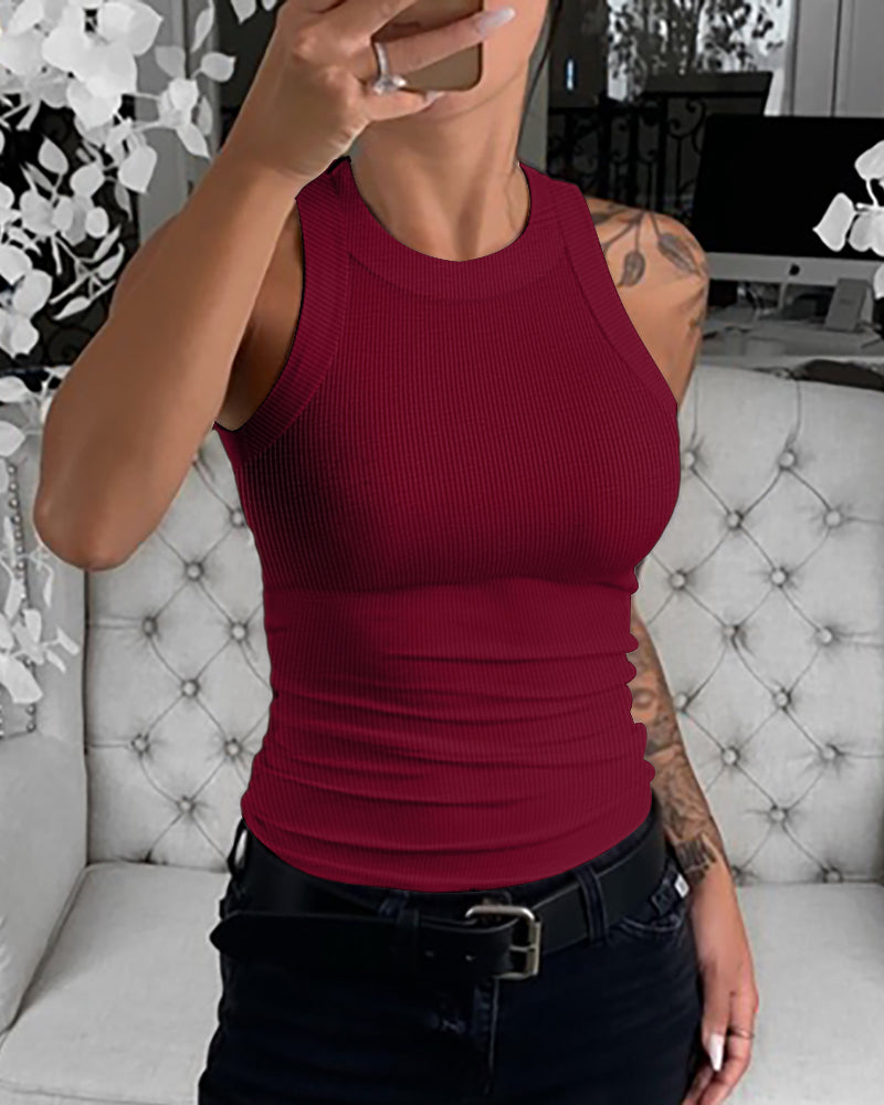 O-Neck Sleeveless Basic Slim Fit Skinny Tank Casual Top(Without Pads)