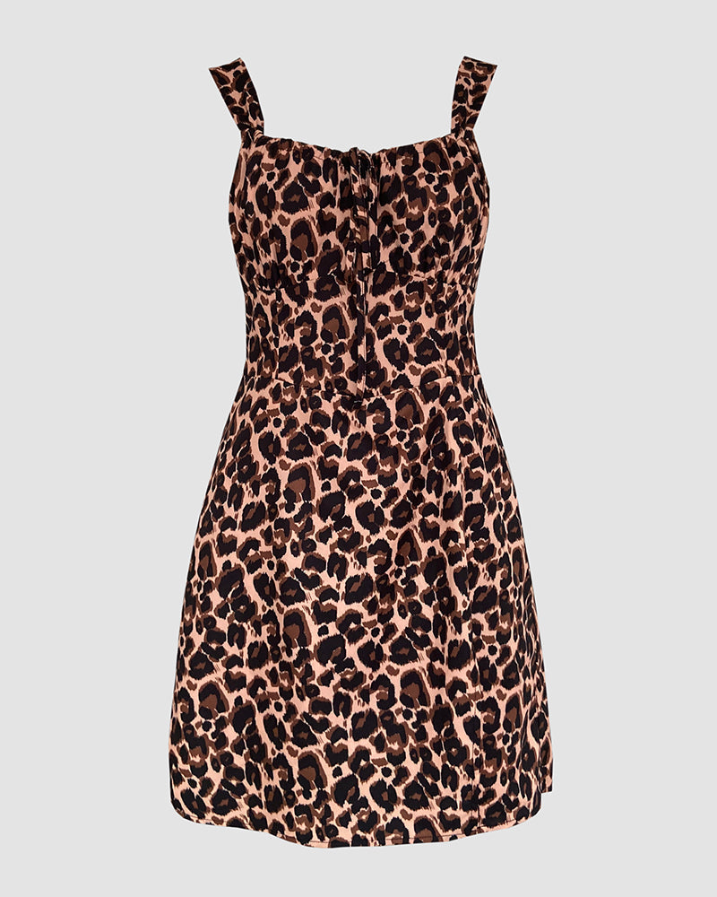 Leopard Print Square Neck Thick Strap Tied Detail Slit Romper Shirred Back Lace-up Skort Romper