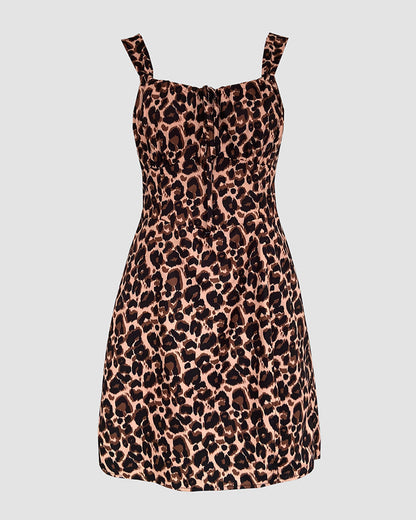 Leopard Print Square Neck Thick Strap Tied Detail Slit Romper Shirred Back Lace-up Skort Romper