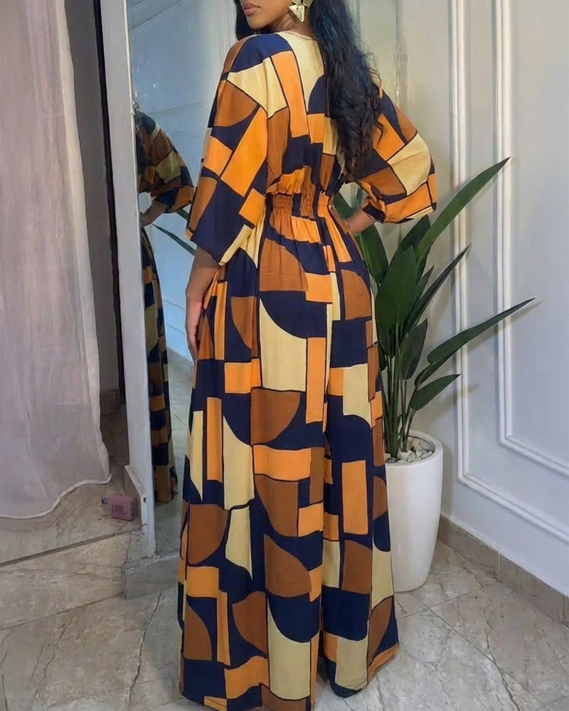 Colorblock Geometric Print V-Neck Batwing Sleeve Ruched Waist Overalls Casual Cinched Waist Wide Leg Jumpsuit