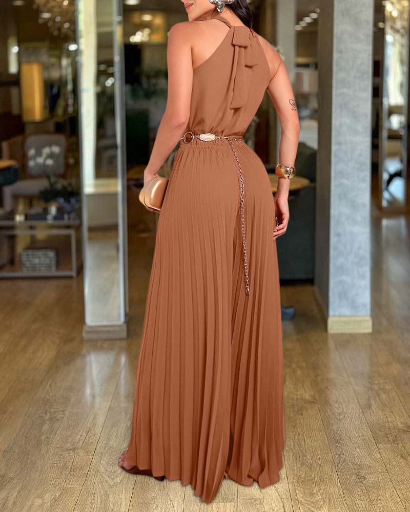 CHICME Women's Halter Tie Wide Leg Jumpsuit Pleated High Waist One-Piece Romper Elegant Sleeveless Evening Party Jumpsuit without Waist Chain
