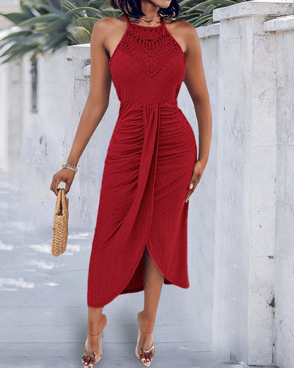 Adjustable Halter Hollow-out Back Ruched Front Slit Dress Guipure Lace Yoke Eyelet Embroidery Vacation Dress