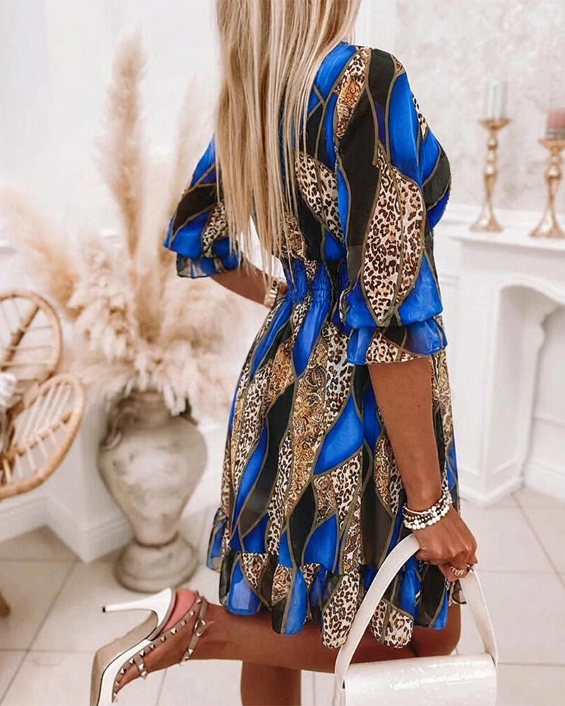 Colorblock Geometric & Leopard Print Spliced Overlap V Neck Flared Cuffs A Line Dress Casual Shirred Waist Ruffle Hem Vacation Chiffon Dress