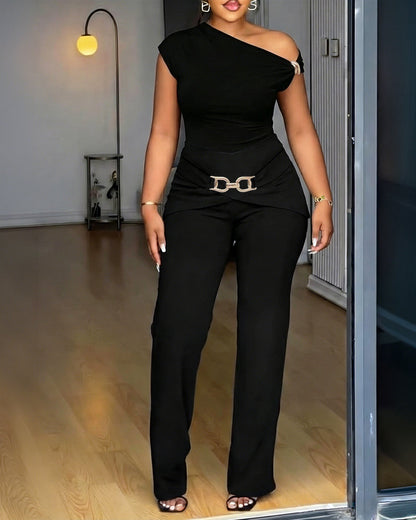 CHICME Women's 2 Piece Set Skew Neck Slim Fit Top and Elastic Waist Flare Pants with Metal Detail