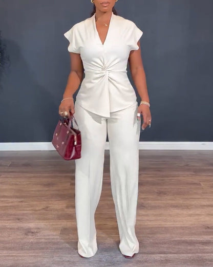 2 Pieces Outfit V-Neck Short Sleeve Twist Front Zipper Back Top and Straight Leg Pants Set Casual Commuting Set