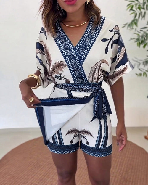Women's Tropical Print Romper V Neck Wrap Knot Side Jumpsuit Half Sleeve Beach Vacation Summer Skorts Romper