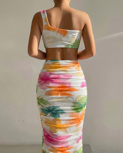 Women's One Shoulder Watercolor Floral Mesh Mid-length Dress Cut Out Ruched Bodycon Vacation Dress