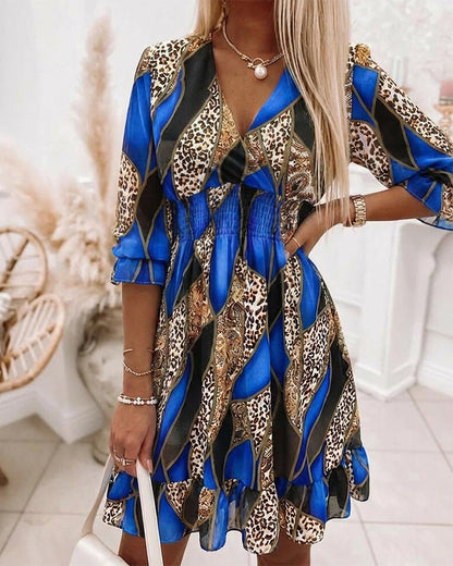 Colorblock Geometric & Leopard Print Spliced Overlap V Neck Flared Cuffs A Line Dress Casual Shirred Waist Ruffle Hem Vacation Chiffon Dress