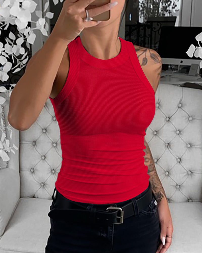O-Neck Sleeveless Basic Slim Fit Skinny Tank Casual Top(Without Pads)