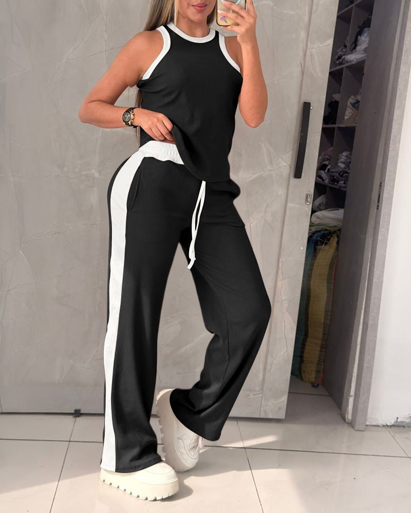 Women's Contrast Binding Knit Set Halter Tank Top and Wide Leg Pants 2 Piece Tracksuit Ribbed Loungewear