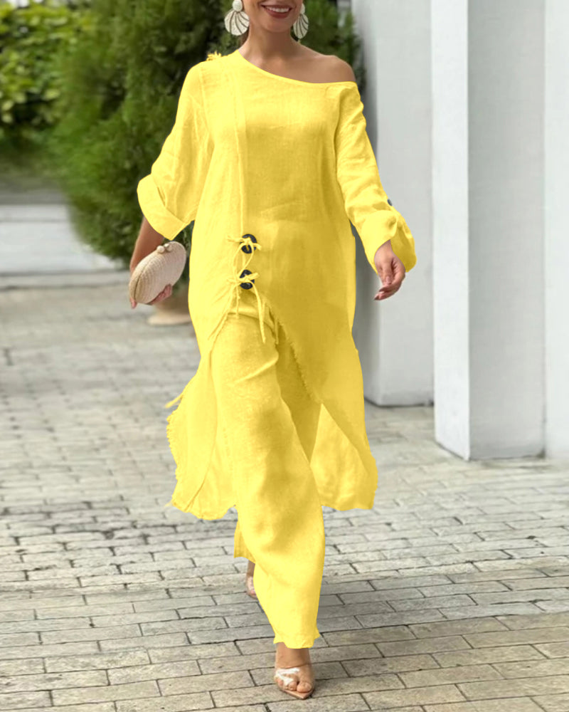 2 Pieces Outfit Button Decor One Shoulder Turn-Up Sleeves Slit Raw Edges Top and Casual Drawstring Elastic Waist Wide Leg Pants Set