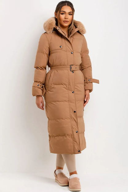 Long Puffer Trench Coat With Belt And Faux Fur Hood Camel