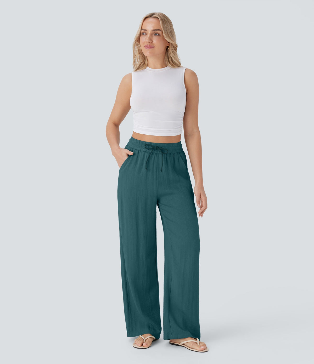 Women Summer High Waisted Drawstring Pocket Wide Leg Casual Linen-Feel Pants