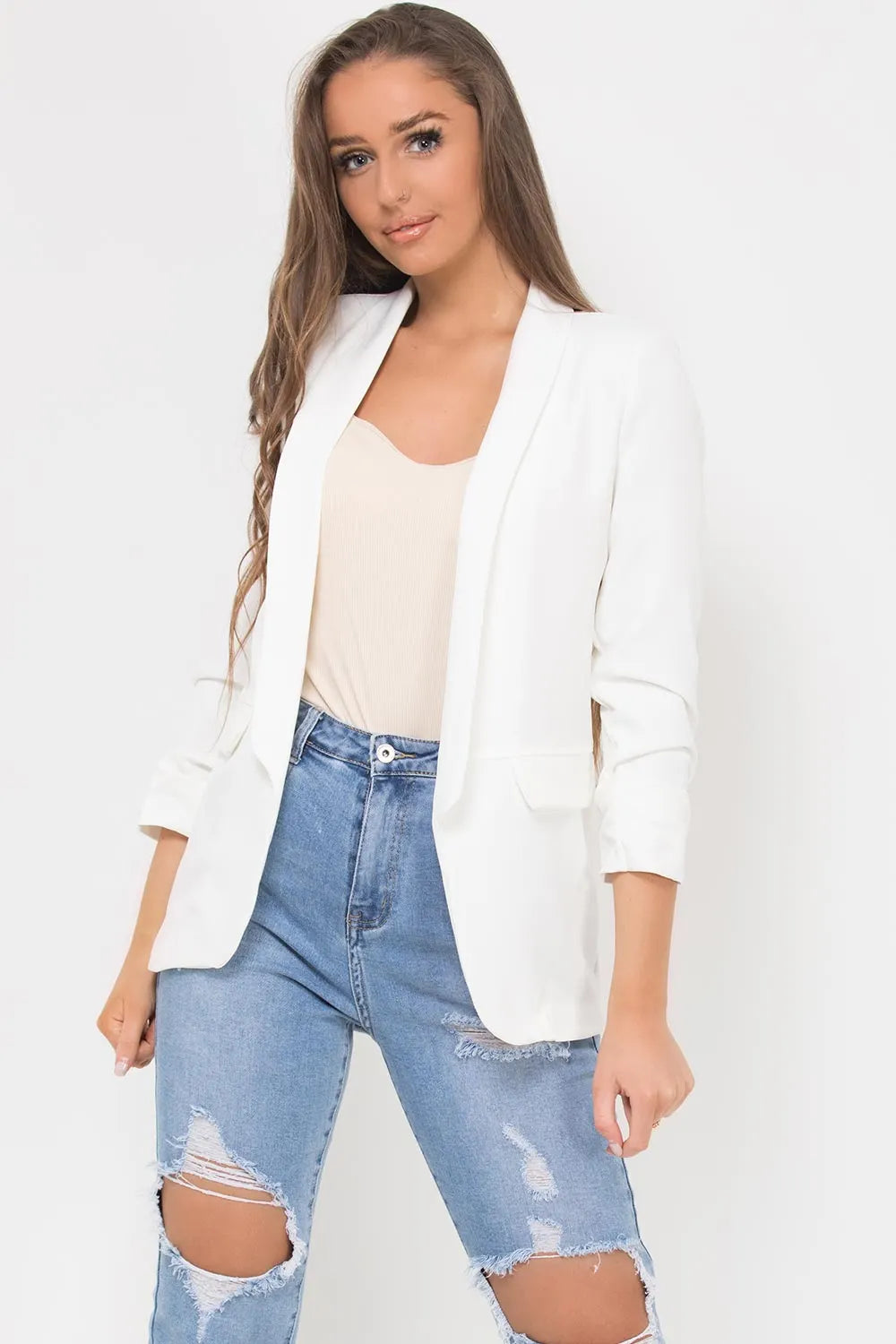 Ruched Sleeve Blazer Cream