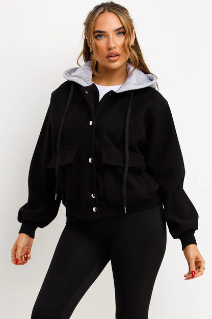 Bomber Baseball Jacket With Hood Black