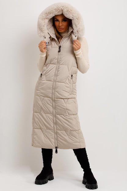 Long Puffer Gilet With Faux Fur Hood Beige