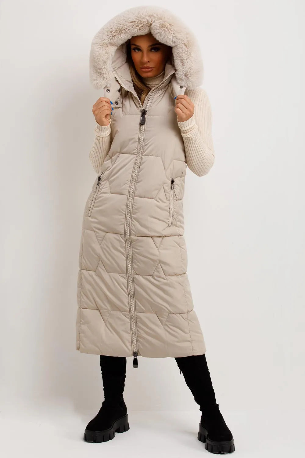 Long Puffer Gilet With Faux Fur Hood Beige