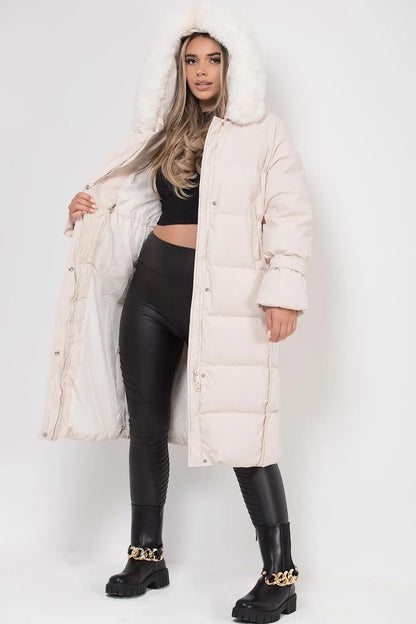 Long Puffer Down Coat With Faux Fur Hood Beige