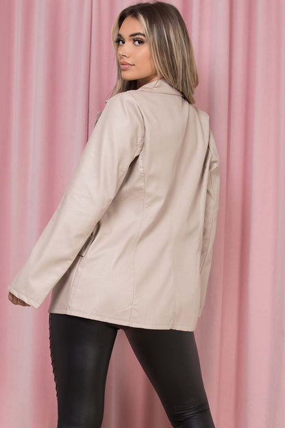 Faux Leather Blazer Jacket Beige