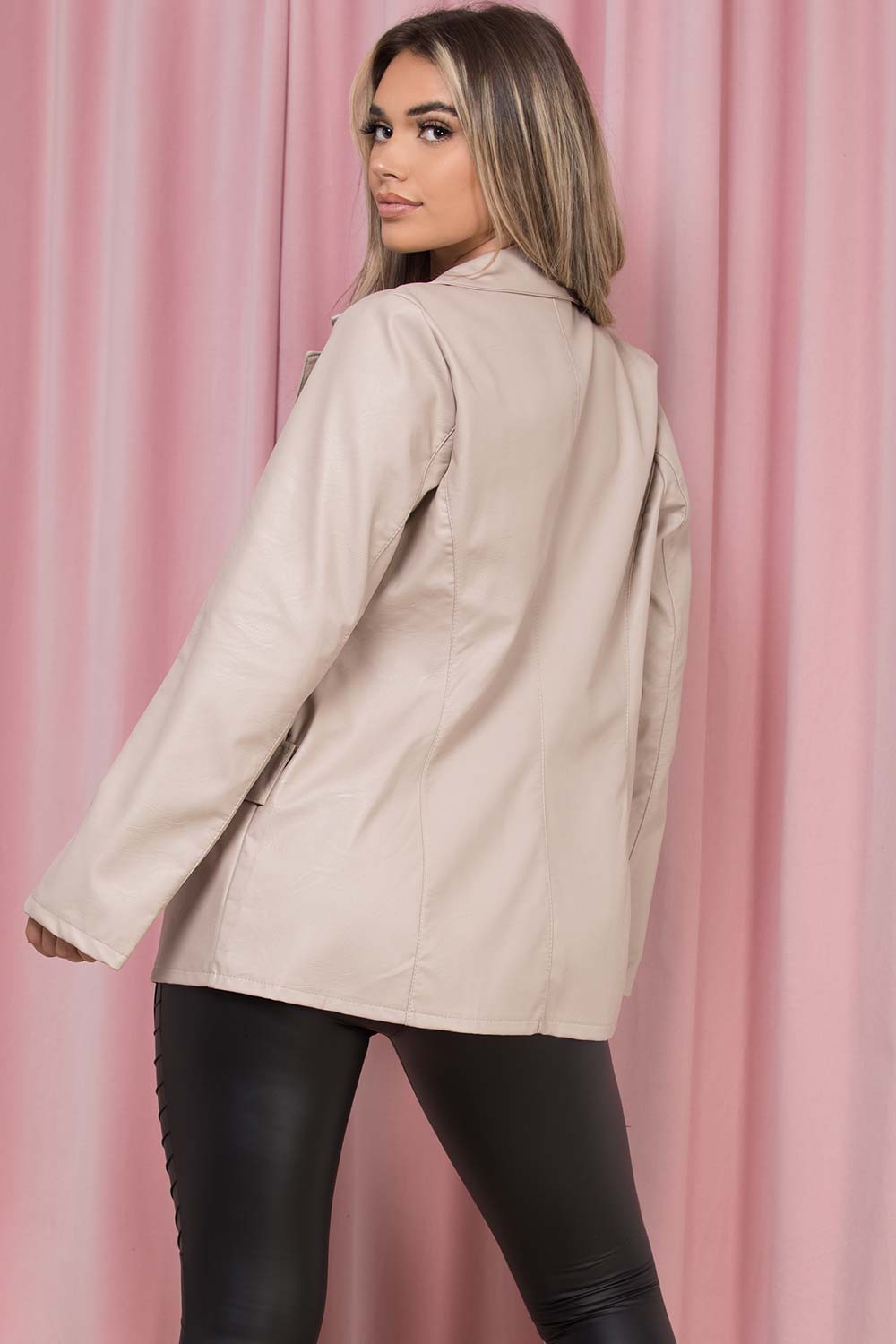 Faux Leather Blazer Jacket Beige