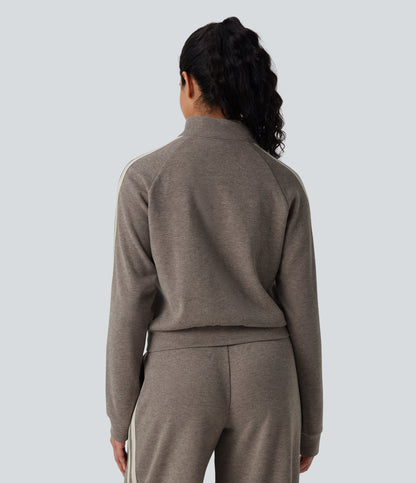 Ribbed Stand Collar Long Sleeve Zipper Color Block Casual Jacket with Pockets
