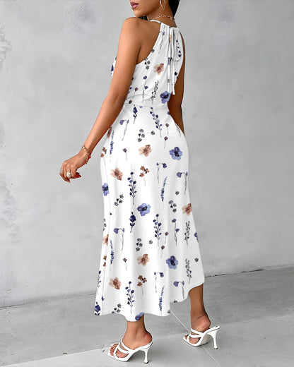 Watercolor Ditsy Floral Print Halter Tie Hollow-out Criss Cross Spliced Front Ruched Dress Casual Draped Slit Front Vacation Dress