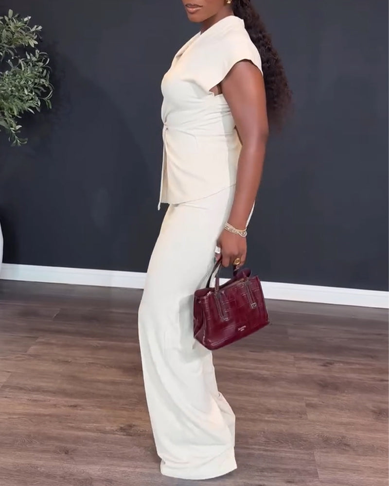 2 Pieces Outfit V-Neck Short Sleeve Twist Front Zipper Back Top and Straight Leg Pants Set Casual Commuting Set