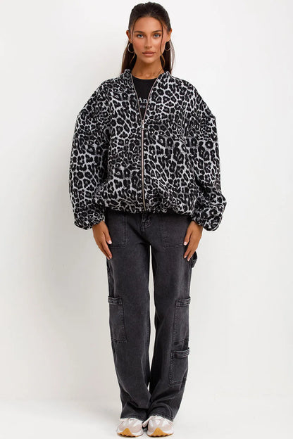 Leopard Print Bomber Jacket Grey