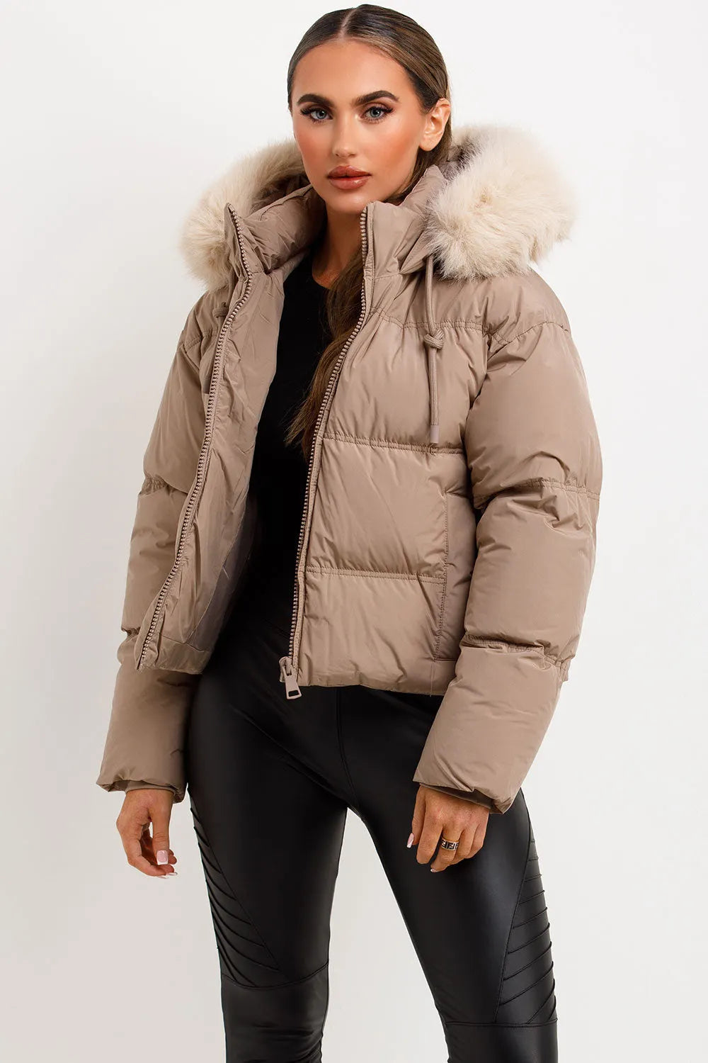 Puffer Jacket With Faux Fur Hood Stone