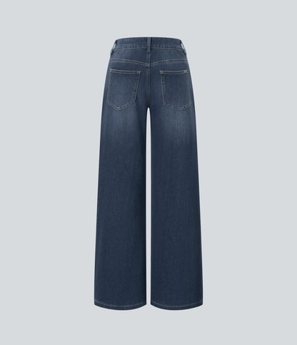 FlexTM Asymmetric Low Rise Zipper Pockets Baggy Wide Leg Washed Casual Jeans