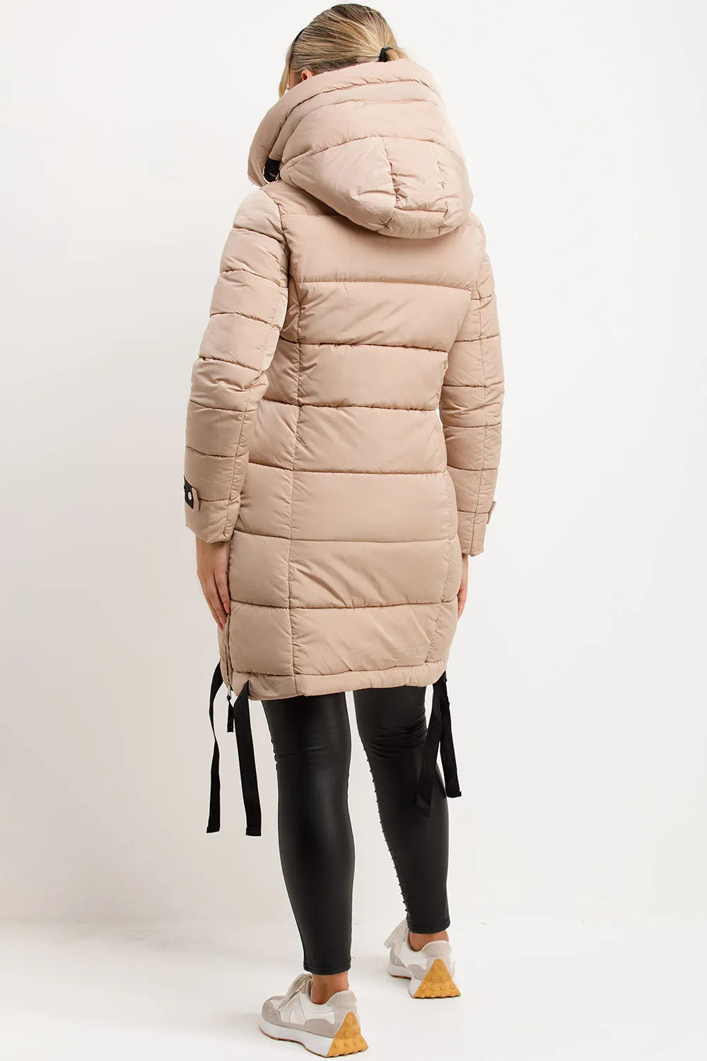 Long Puffer Coat With Hood And Side Straps Beige