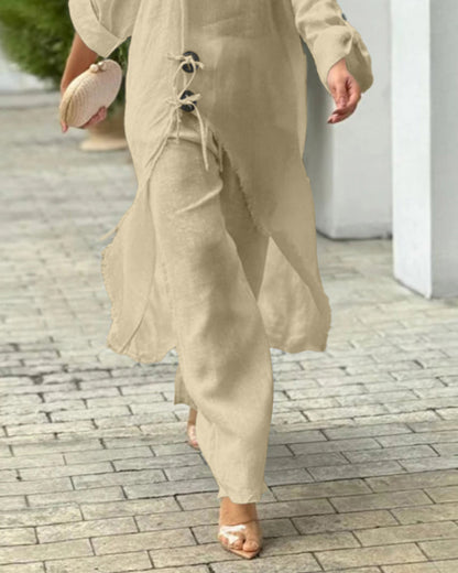 2 Pieces Outfit Button Decor One Shoulder Turn-Up Sleeves Slit Raw Edges Top and Casual Drawstring Elastic Waist Wide Leg Pants Set