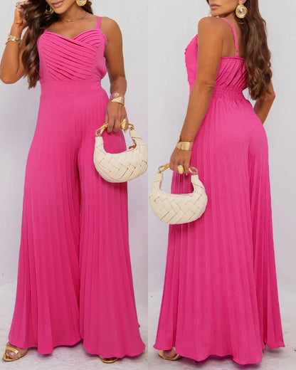Pleated Design V Neck Adjustable Spaghetti Straps Cinched Waist Overalls Casual Pleated Flared Jumpsuit