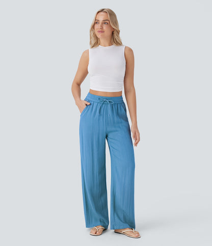Women Summer High Waisted Drawstring Pocket Wide Leg Casual Linen-Feel Pants