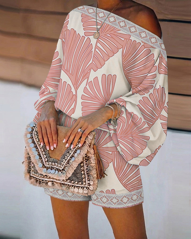 Women's Tropical Leaf Print 2 Piece Set Skew Neck Lantern Sleeve Top and Elastic Waist Shorts with Pockets & Lace