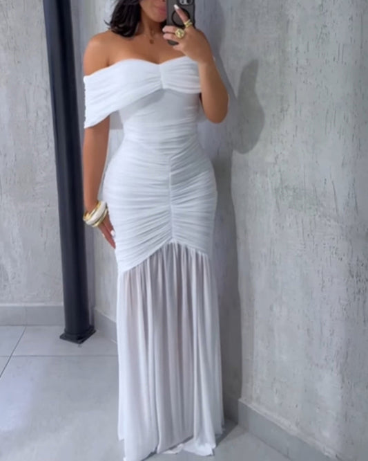 Foldover Off Shoulder Ruched Cinched Waist Minimalist Evening Dress Slim Fit Mermaid Hem Party Dress