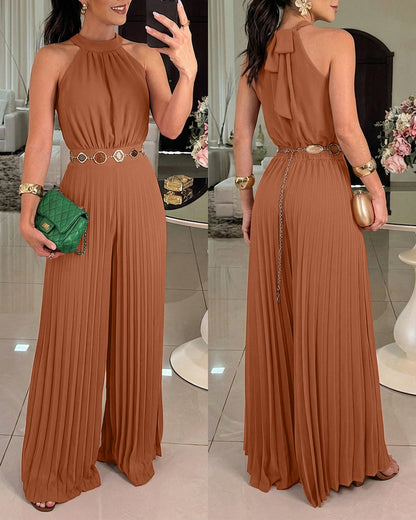CHICME Women's Halter Tie Wide Leg Jumpsuit Pleated High Waist One-Piece Romper Elegant Sleeveless Evening Party Jumpsuit without Waist Chain