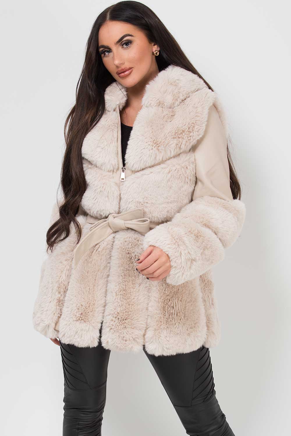Faux Leather Faux Fur Panel Hooded Jacket With Belt Cream
