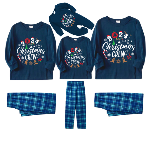 2025 Christmas Crew Making Memories Together Text Print Blue Long Sleeve Top With Blue Plaid Family Matching Pajamas